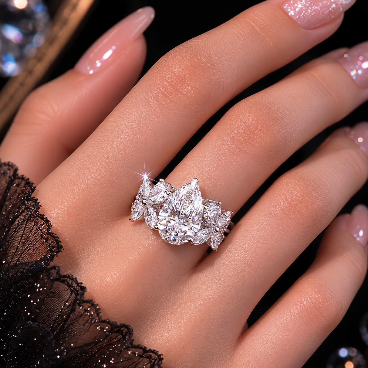 5 Carat Pear Diamond Ring with Floral Side Design(ARJS4113)