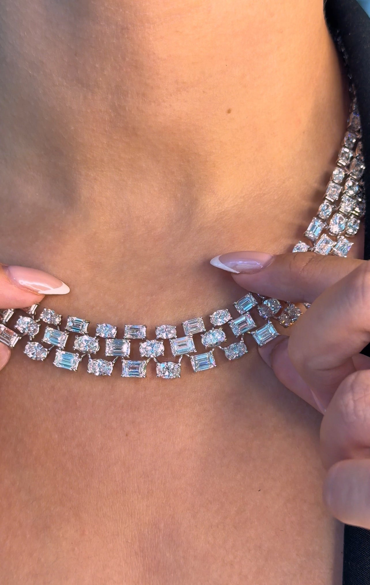 Dazzling Three-Row Emerald Cut & Oval Necklace (ARJS4236)