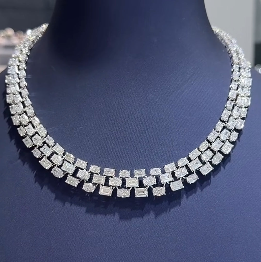 Dazzling Three-Row Emerald Cut & Oval Necklace (ARJS4236)