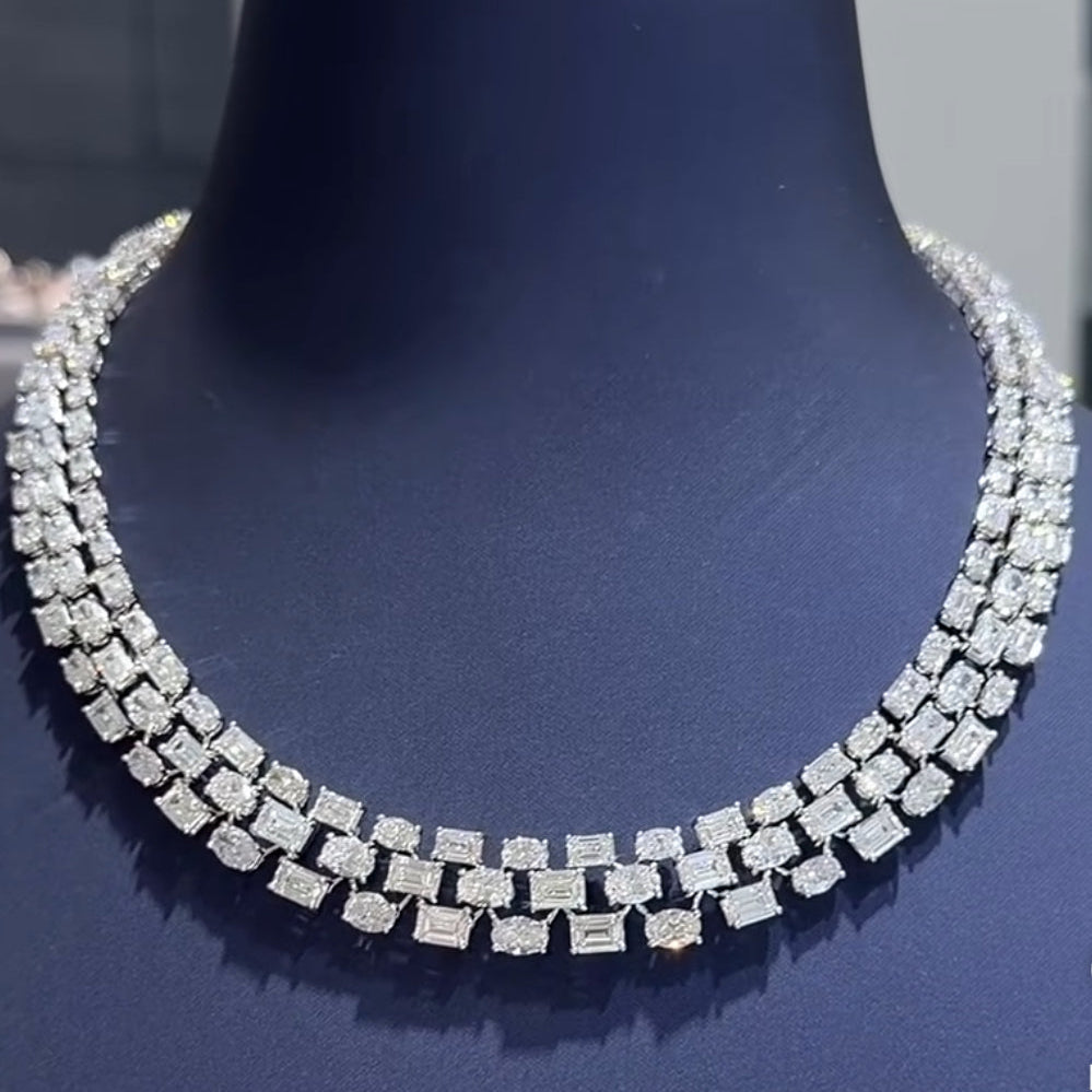 Dazzling Three-Row Emerald Cut & Oval Necklace (ARJS4236)