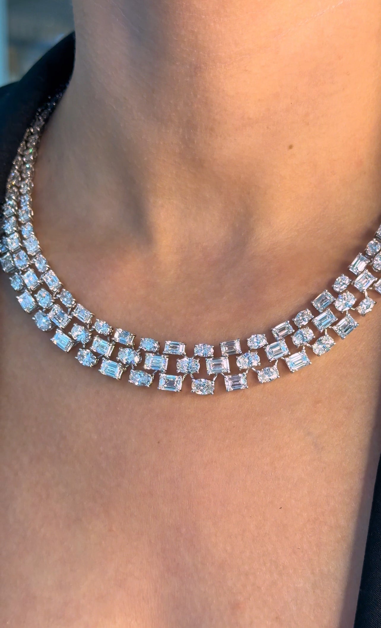 Dazzling Three-Row Emerald Cut & Oval Necklace (ARJS4236)