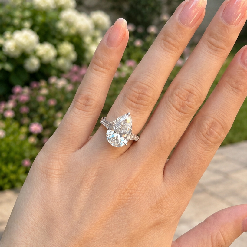 5 Carat Pear Elegant Pear-Cut Diamond Ring with Baguette Side Stones