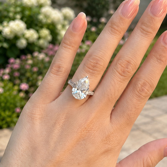 5 Carat Pear Elegant Pear-Cut Diamond Ring with Baguette Side Stones