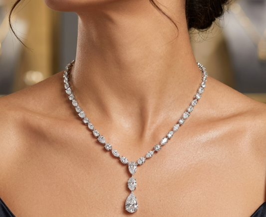 MIX SHAPE ONE LINE NECKLACE WITH 4CT PEAR DANGLING NECKLACE (ARJS3865)