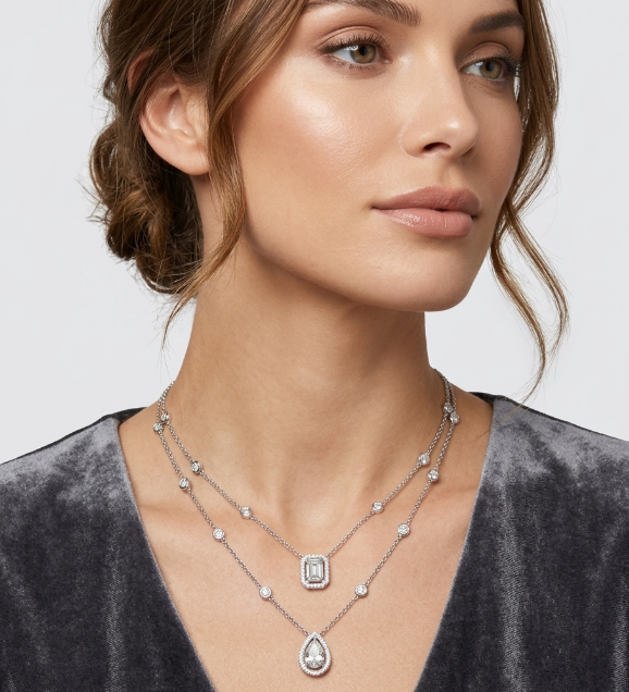 DOUBLE CHAIN EMERALD AND PEAR PENDANT