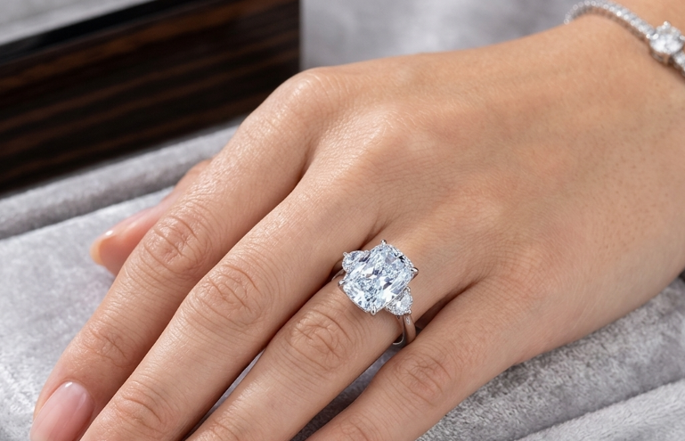 4CT LONG CUSHION TRILOGY DIAMOND RING