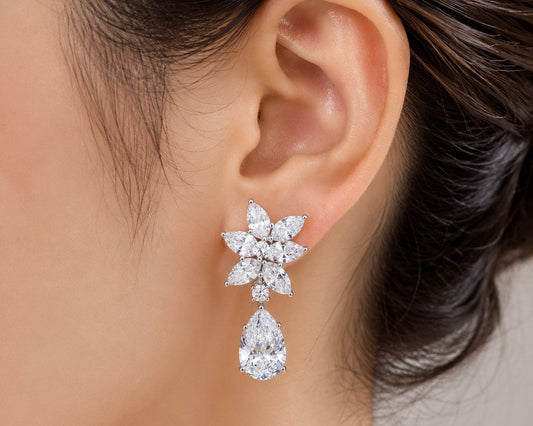 3 Carat Pear with Flower Style Dangling Earring (ARJS4053)