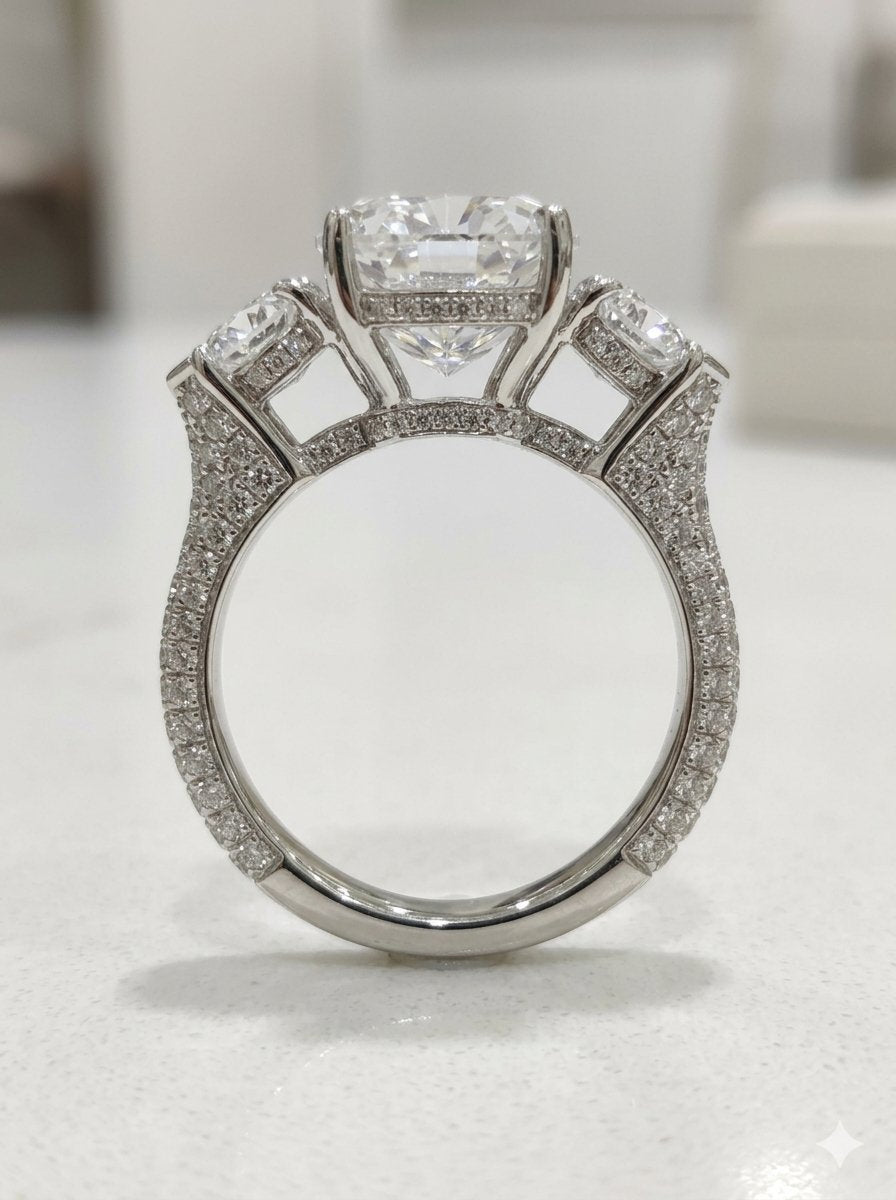 Three-Stone Cushion Trilogy Setting with Heart Accents and Diamond-Set Shank (ARJS4317)