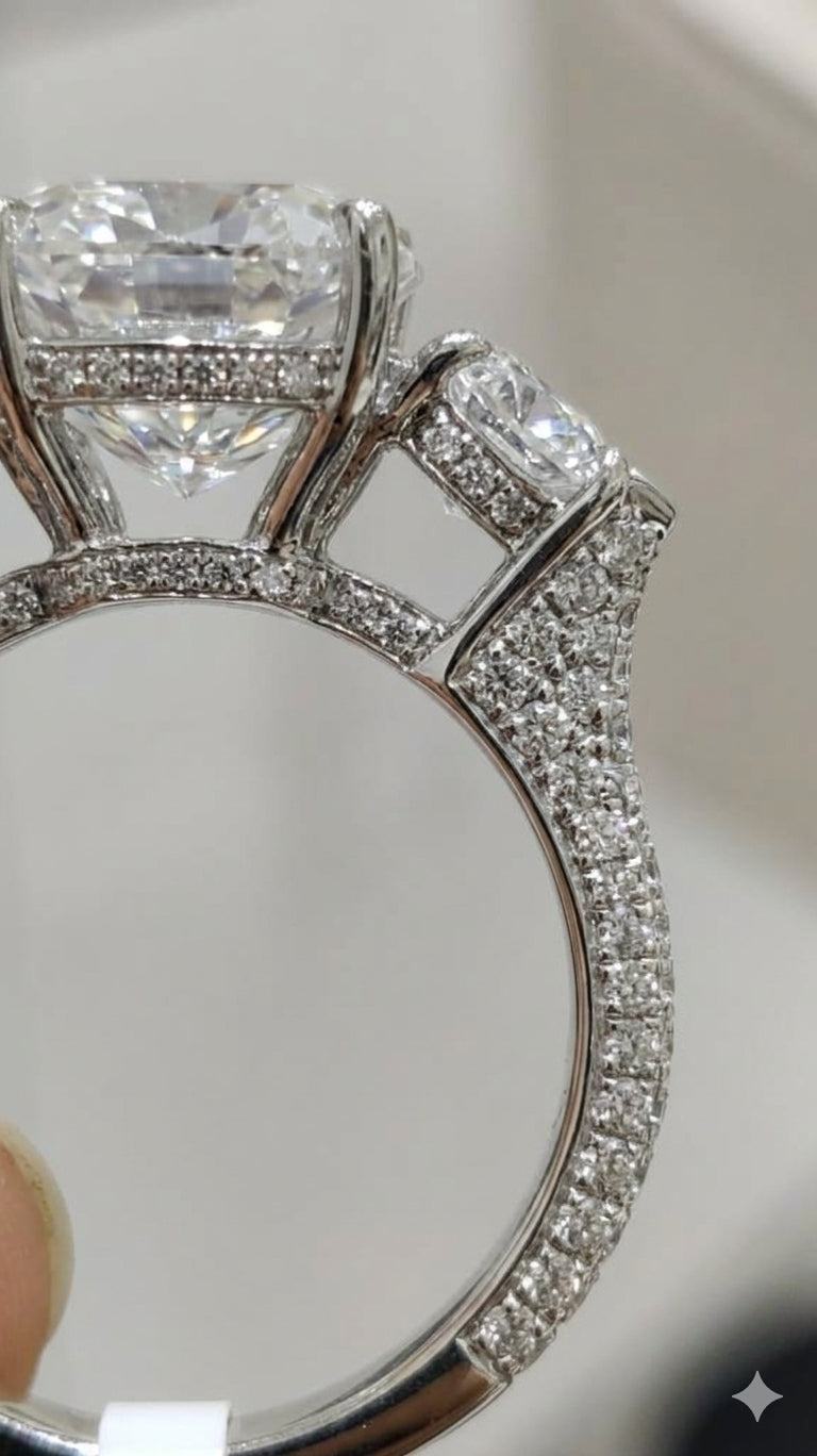 Three-Stone Cushion Trilogy Setting with Heart Accents and Diamond-Set Shank (ARJS4317)