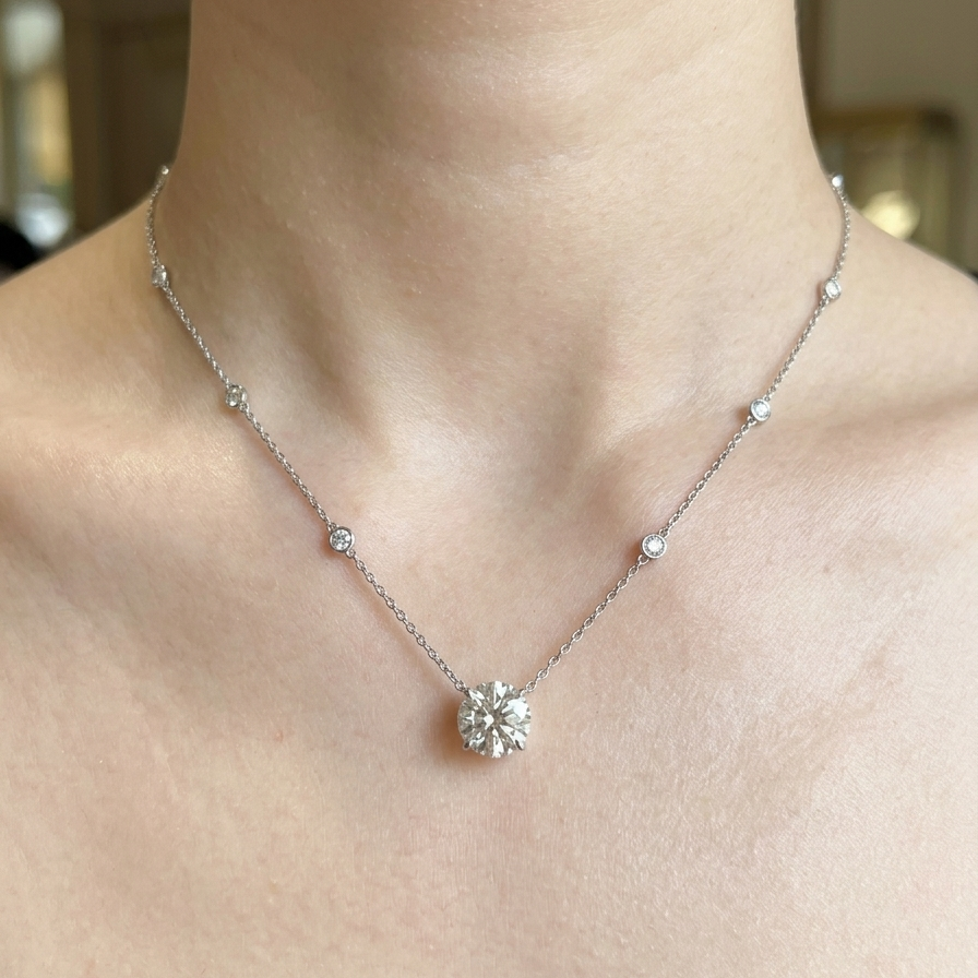 3 Carat Round with Side Small Round Diamonds Necklace (ARJS3769)