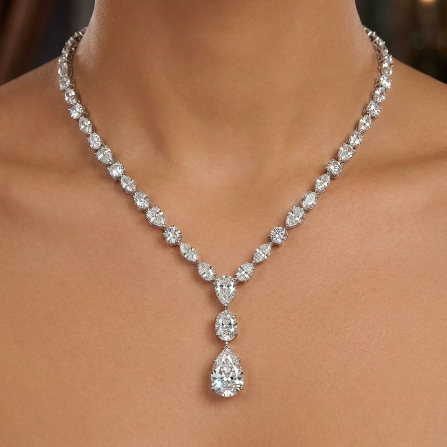 4 Carat Pear Oval Mix Shape One Line  Necklace (ARJS3865)